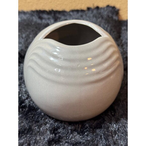Vintage Yamaji Japan Ceramic Round Gray Vase With Wave Design 80's Style - Picture 1 of 5